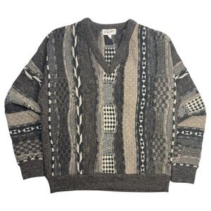 Vintage 3D Knit Geometric Checkerboard/Abstract Art Pattern Coogi Style Sweater